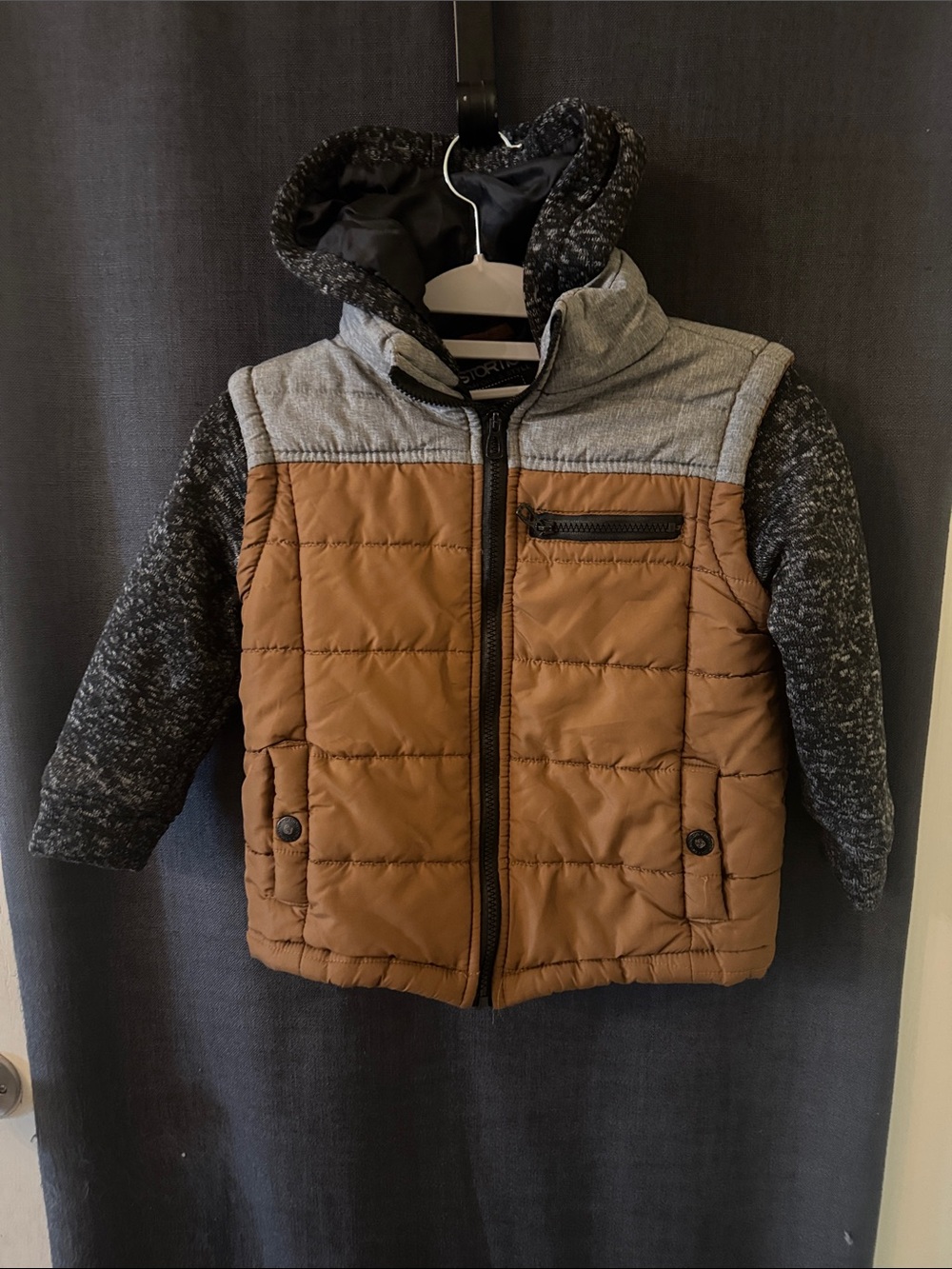 Children's Quilted Hooded Puffer Jacket - Brown & Gray Size 5/6